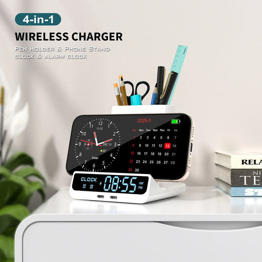Pen Holder LED Alarm Clock Wireless Charger