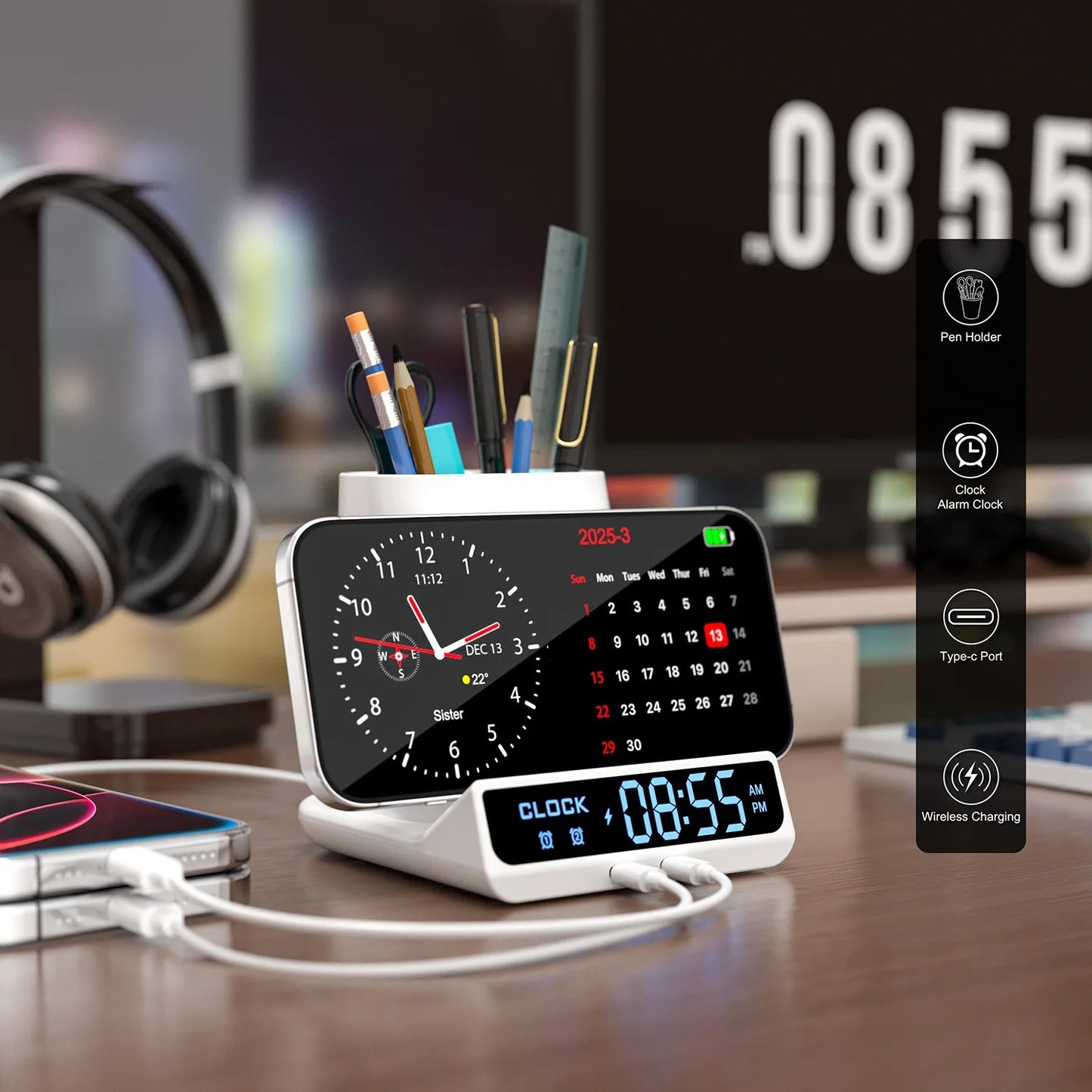 Pen Holder LED Alarm Clock Wireless Charger