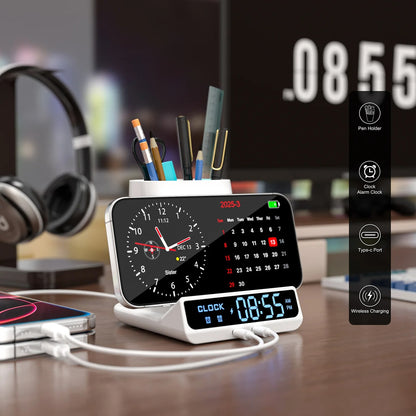 Pen Holder LED Alarm Clock Wireless Charger