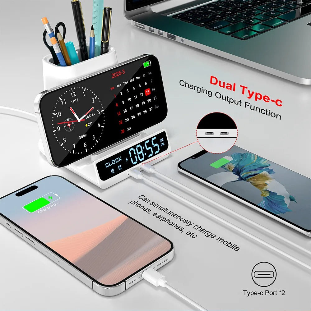Pen Holder LED Alarm Clock Wireless Charger